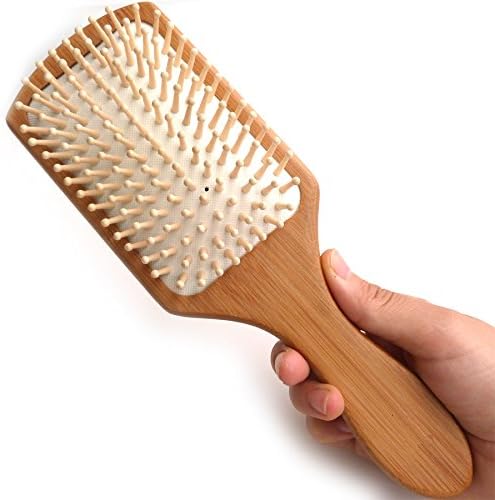 Natural Bamboo Large Paddle Massage Hair Brush, Ball-Tipped Wooden Bristles