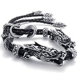 KONOV Jewelry Leather KONOV Jewelry Leather Stainless Steel Double Dragon Mens Bracelet - Color Black Silver