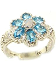 Solid English Sterling Silver Womens Fiery Opal & Blue Topaz Art Nouveau Flower Ring - Size 8 - Finger Sizes 5 to 12 Available