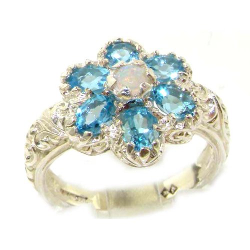 Solid English Sterling Silver Womens Fiery Opal & Blue Topaz Art Nouveau Flower Ring - Finger Sizes 5 to 12 Available