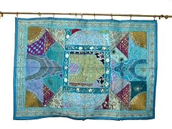 Vintage Sari India Moti Beaded Tapestry Aqua Wall Hanging 60x40