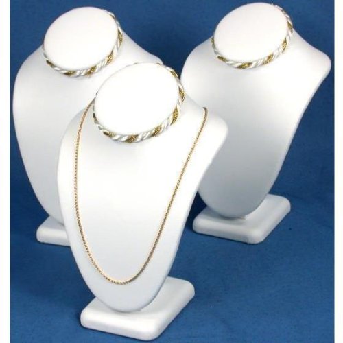 3 Necklace Bust Counter Display White Leather Gold Trim