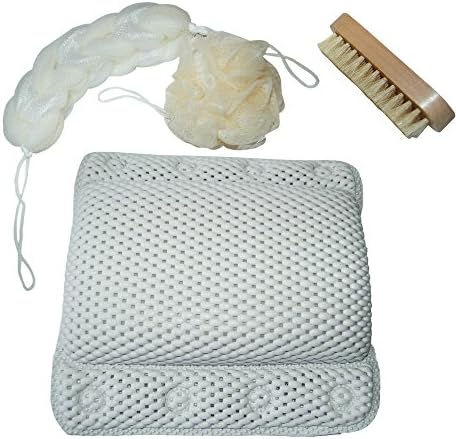 Sage Select Bath Pillow &amp; Accessories - Soft, Water Resistant Bathing Pillow plus Relaxation Kit - Nylon Pouf, Braided Back Sponge, Wooden Nail Brush &amp; Pumice Stone