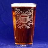 Custom Etched US Coast Guard Emblem on 16 Oz Pint Glasses Set of 4