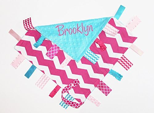 Personalized Chevron Ribbon Tag Blanket with Pacifier Clip, Hot Pink and Turquoise Minky, Sensory Blanket, 16"x16"