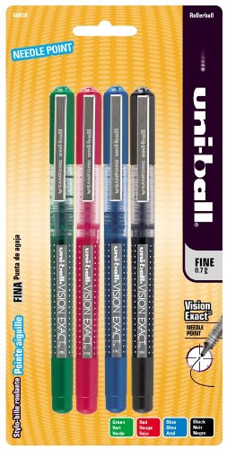 uni-ball Vision Exact Stick Fine Point Roller Ball Pens, 4 Colored Ink Pens
