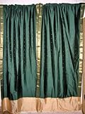 IMAGE OF 2 Dark Green Beige Border Polysilk Sari Curtains Drapes Panels India Decor 95