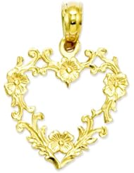 14K Yellow Gold Flower Heart Charm Floral Love Pendant!