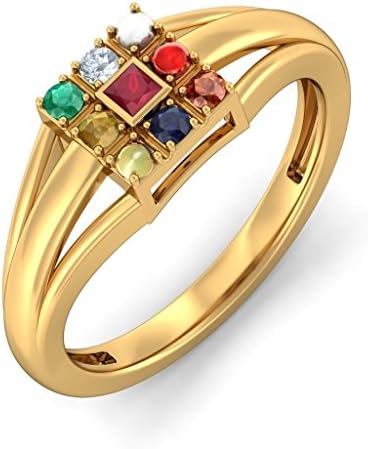 Certified 18K Yellow Gold, 0.03 cttw White Diamond (FG | VS ) Ruby &amp; Navaratna &amp; Diamond Ring Size - 8