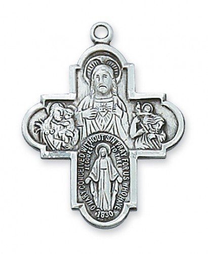 Sterling Silver 4-Way Medal Necklace - This Traditional Catholic 4 -Way Medal Features the Sacred Heart of Jesus, St. Joseph, St. Christopher and the Miraculous Medal and Comes With a 18" Rhodium Plated Chain and Packaged In a Deluxe Gift Box. The Back of the Medal States "I'm a Catholic, Please Call a Priest". The 4-Way Catholic Medal is a Perfect Gift for a Boys or Girls First Communion, High School or Teenagers Confirmation or Men's and Women's RCIA. 1" Size.