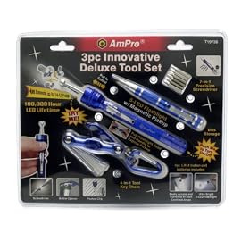 Ampro 19736 Deluxe Tool Set with Magnetic Pick Up Flashlight, Screwdriver and 4-in-1 Tool, 3 Piece