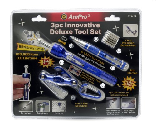 Ampro 19736 Deluxe Tool Set with Magnetic Pick Up Flashlight, Screwdriver and 4-in-1 Tool, 3 Piece