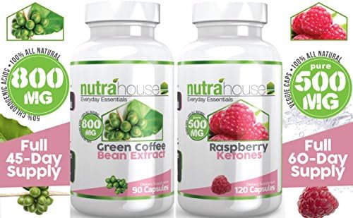 Raspberry Ketones and Green Coffee Bean Extract 2-Pack. 60 Day Supply! All Natural Weight Loss: Pure 500mg Raspberry Ketones with 120 Veggie Caps + Pure 800mg Green Coffee Bean Exract at 50% Chlorogenic Acids 90 Veggie Caps. Naturally Control Your Appetitie and Your Blood Sugar Levels!