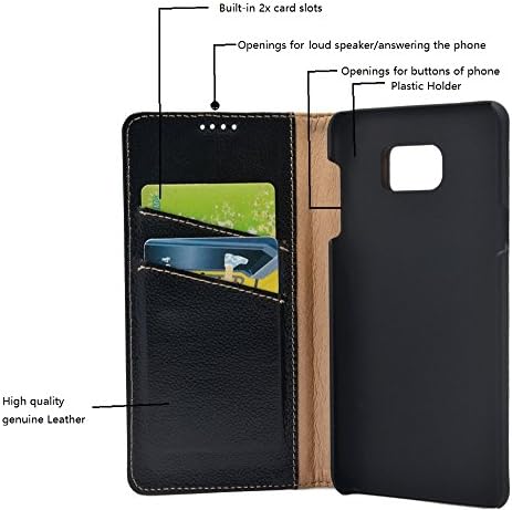 Samsung Galaxy Note 5 Case, EMOXION Genuine Leather Case for Samsung Galaxy Note 5, Wallet Case Series Flip Cover Book Design with Stand Feature and Credit Card Compartments, Magnetic Closure (Black)