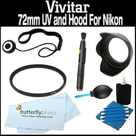 Vivitar 77mm UV Filter and Lens Hood + Care Package For Nikon Lenses