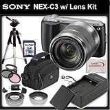 Sony Alpha NEX-C3 Digital Camera (Black) with Sony E-Mount 18-55mm Lens + SSE Professional Package. Includes: 0.45x Wide Angle Lens, 2x Telephoto lens, 3 Piece Filter Kit (UV,CPL,FLD,) 16GB SDHC Memory Card, Additional Replacement FW50 Battery Pack, Rapid Travel Charger, Pro Tripod, Soft Carrying Case, and much much more