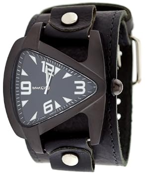Nemesis #LBB061W Men's Black IP Premium Wide Leather Strap Futuristic Teardrop Watch