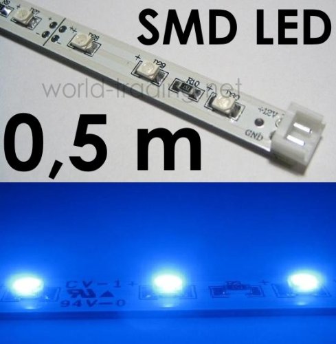 SMD-LED Leiste 48cm 12V BLAU 30 MEGA helle, breitstrahlende, blaue SMD-LEDs, IDEAL für indirekte Beleuchtung, absolut schlanke Bauform universell einsetzbar, da beliebig, alle 3 LEDs eingekürzt werden kann