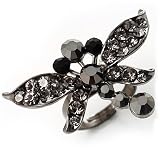 Rhodium Plated Diamante Dragonfly Fashion Ring (Jet Black)