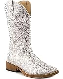 Roper Women's Bling Lace Glitter Faux Leather Cowgirl Boot Square Toe White US