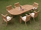 New 7 Pc Luxurious Grade-A Teak Dining Set - 94" Oval Table and 6 Stacking Arm Chairs [Model:AB3]