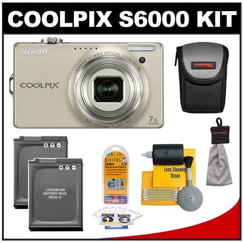 Nikon Coolpix S6000 Digital Camera 14 MP Digital Camera with 7x Optical Zoom (Champagne Silver) with (2) Batteries + Case + Accessory Kit