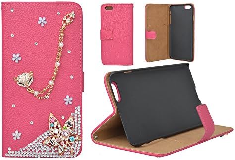 KAKA(TM) Fashion Style Fox Chain Pattern Red PU Leather 3D Handmade Rhinestone Crystal Pearl Flower with Built-in Card Slots, Money Pocket Flip Cover Magnetic Closure Cover Case for iPhone 6 plus/iPhone 6s plus (5.5 inch)