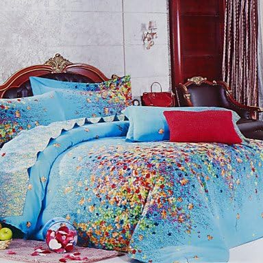 Duvet Cover,4-Piece Modern Style Blue Flowers Pattern