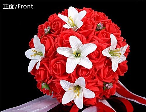 charm wedding bouquet real touch Lily Rose Beautiful Ribbon Bridal Wedding flower toss bouquet Hand Tie red