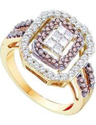 0.75 Carat (ctw) 14K Yellow Gold Princess & Round Cognac And White Diamond Ladies Split Shank Invisible Cocktail Right Hand Ring 3/4 CT