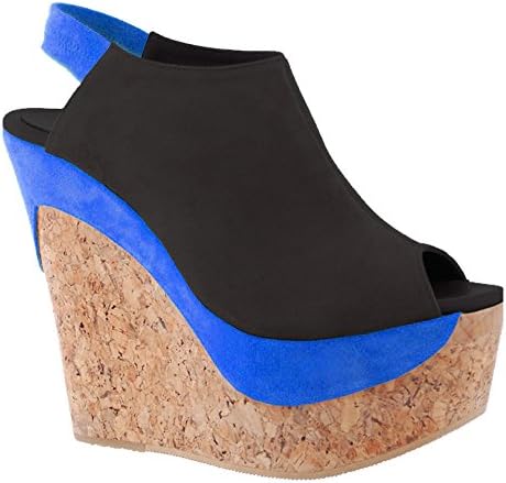 Juno: Black / Royal Blue Natural Suede Leather Mule Platform w/ 6" Natural Cork Platform Wedge Heel