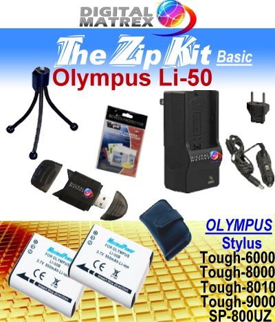 TheZipKit for OLYMPUS Stylus Tough-8010. Includes: 2 Li-50B 1000mAh Ultra High Capacity Batteries made with cells produced in JAPAN or USA, Table-Top Wire Tripod, 110/240 Mini Charger with fold out plug and a DC car adapter, SD/SDHC Card Reader, LCD Protection Film Kit and more. NON OEM.. OLYMPUS Stylus Tough-8010..