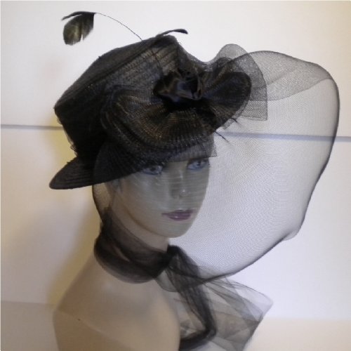 Widow or Goth Black Straw Hat with a Black Rose with Large Sheer Bow & Veil