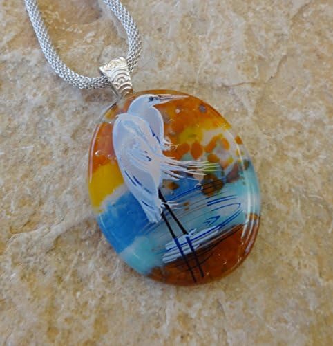 Oval Fused Glass Heron Pendant