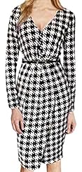 V-neck Houndstooth Print Knee Length Bodycon Dress 