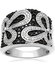 Jewelili Sterling Silver Black and White Diamond Band Ring (1 Cttw, IJ Colour, I2/I3 Clarity), Size 7