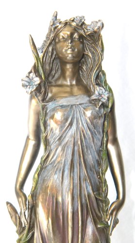 Bronze Art Nouveau Awakening Mucha Lady and Lillies Statue