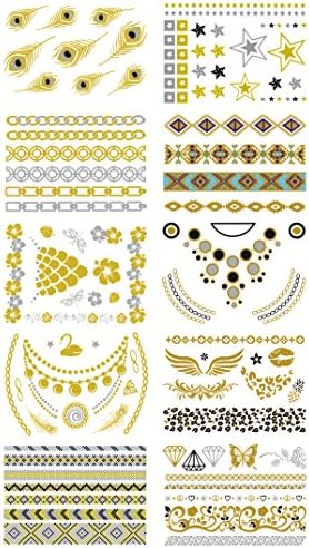 Tato High Gloss Metallic Gold Silver Tattoos Stickers 10 Different Sheets TSGD002