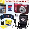 Nikon Coolpix L20 10MP Digital Camera (Deep Red) + 4GB Accessory Kit