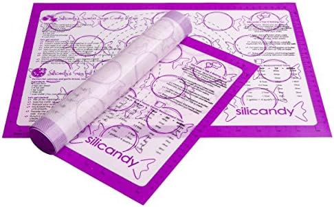 CLEARANCE NonStick Silicone Baking Mats - 2 pc Set - Silicandy Rectangular Mats with Fiberglass are Great for Cooking with Kids - Kitchen Tool Includes Measurements, Recipes &amp; More Printed Directly on Mat! [Purple]