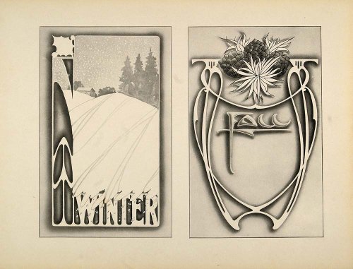 1910 Print Design Template Art Nouveau Snow Winter Fall - Original Print