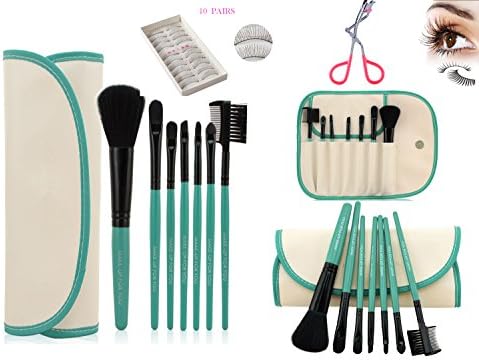 Makeup Brush Set Professional 7 Pieces Makeup Brushes Cosmetic Makeup Tool Set with 10 Pairs of False Eyelashes and a Pink Eyelash Curler - All-in-one Make up Tools (Green)