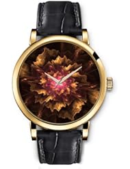SPRAWL Aanalog Fashion Series Gold Ladies Watches of Genuine Black Leather Strap,Unique Wrist Watch for Women Girls Designed with Simulation old petal flowers