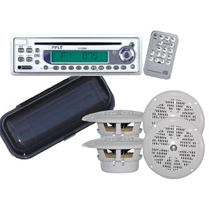 Pyle Audio Package for the Car/Truck/Boat, Marine In Dash AM/FM/CD Player -- White Water Resistant Radio Shield -- Two Pairs of 4