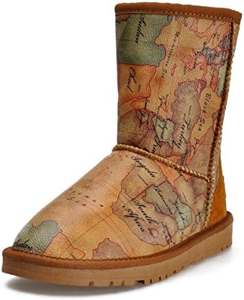 ZLYC Womens Girls Retro Style World Map Print Mid-Calf Winter Warm Snow Boots Camel, US 6.5