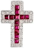 14ct White Gold 1 1/8 (29mm) tall Diamond Latin Cross Pendant, w/ 0.50 Carat Brilliant Cut Diamonds & 2.54 Carats Princess Cut Ruby Stones