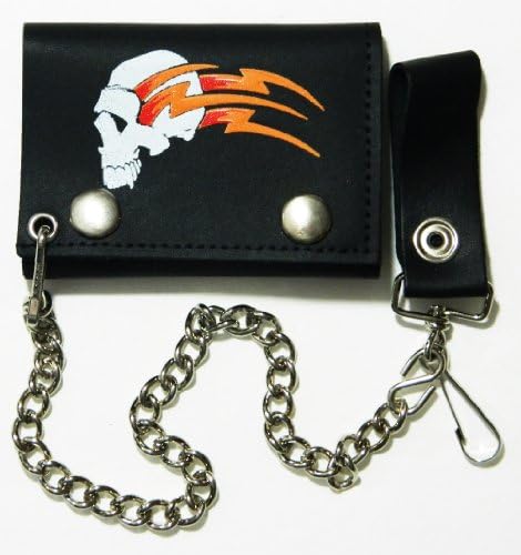 Skull with Lighting Bolts Biker Chain Leather Wallet Tri Fold