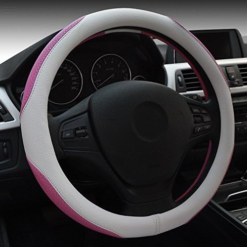 JoJoauto Cool Microfiber Leather Auto Car Steering Wheel Cover Universal 15 inch (White+Rose)