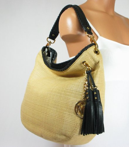 Michael Kors Bennet Large Shoulder Canvas/Straw Bag, Natural/Black