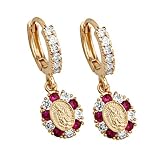 14K Yellow Gold Plated 25mm(H)x8.5mm(W) Red and White CZ Religious Virgin Mary Earrings with Huggy-Style Backing